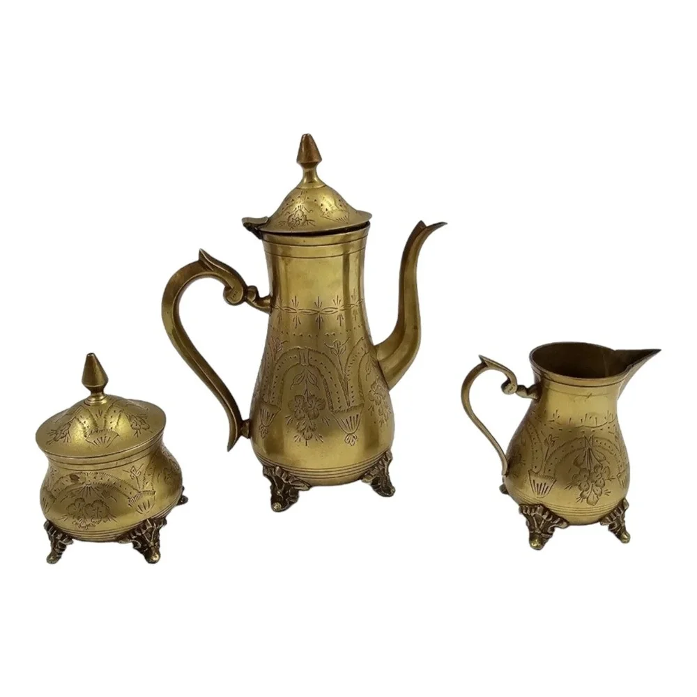 Vintage Tea Pot Set w/ Creamer Sugar Bowl Etched EPNS Gold Tone Glam Victorian